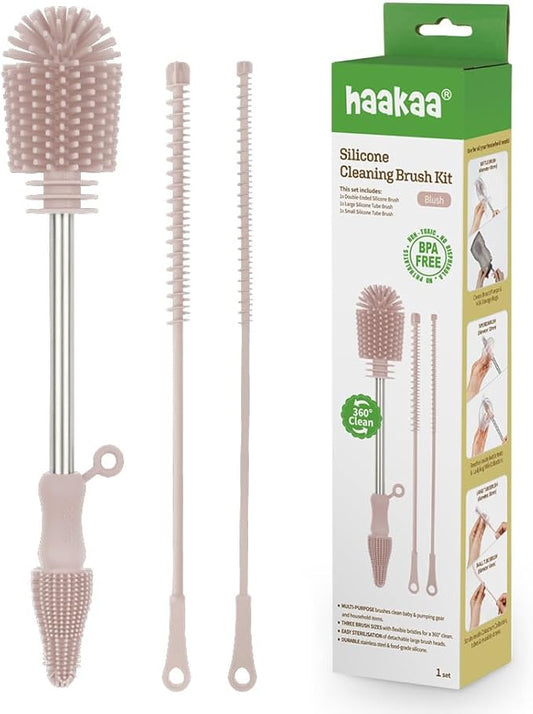Haakaa Silicone Cleaning Brush Kit – Household Cleaning Brushes for Bottles and Crevices – Food-Grade Silicone: Dishwasher Safe (Kit-Blush)