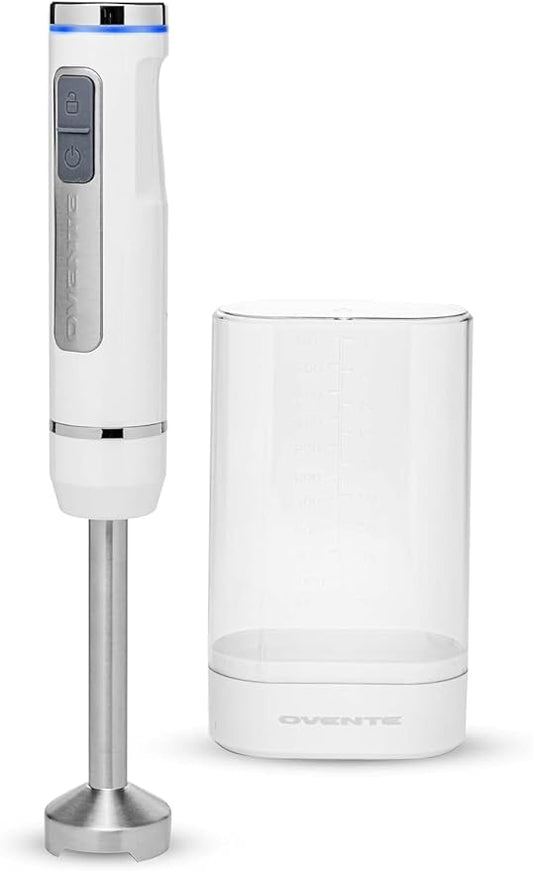 OVENTE Cordless Immersion Hand Blender, Rechargeable Handheld Portable Stick Mixer with 8 Mixing Speed Option, One-Touch Control and Stainless Steel Blades for Smoothies, Shakes or Soups, White HR781W