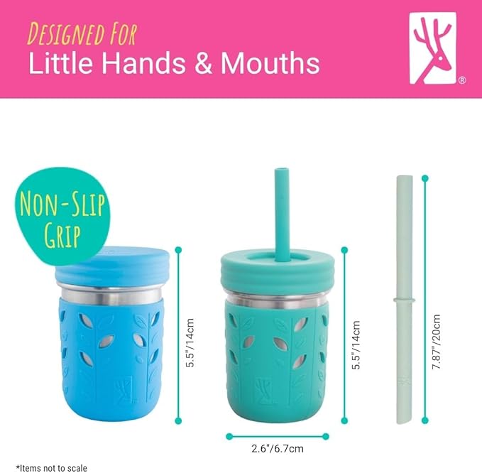 Elk and Friends 14oz Stainless Steel Kids + Toddler Drinking Cups | The Original Mason Jars with Lids + Sleeves + Straws | Smoothie Cups | Spill Resistant | Dishwasher Safe | 4 Pack