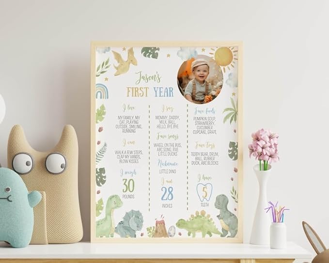 Generic Dinosaur First Birthday Milestone Sign, Dinosaur 1St Birthday Photo Milestone Poster, Dino First Birthday Board, Design 02