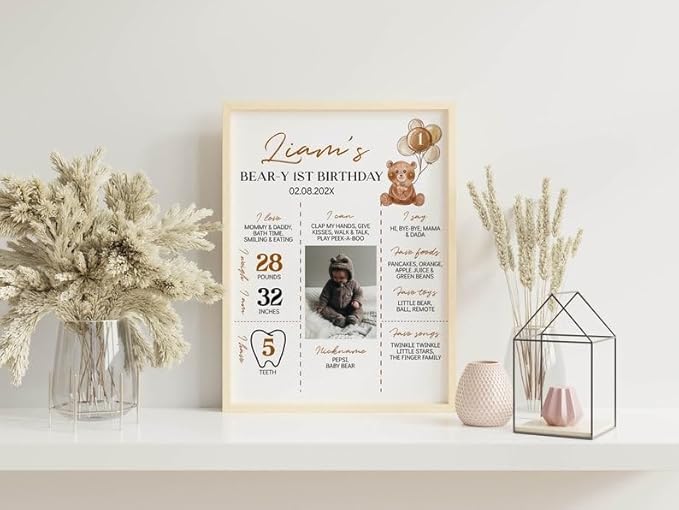 Generic Personalized Beary First Birthday Milestone Poster, Teddy Bear Photo Milestone Sign, Boho Brown Bear Party Stats Board, Design 08