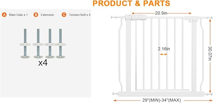 HOOEN 29-34 Inch Wide Baby Gate for Stairs Doorways Metal Indoor Dog Gates Pressure Mounted Walk Through Safety Gates Child Gates for Kids or Pets (29"-34")