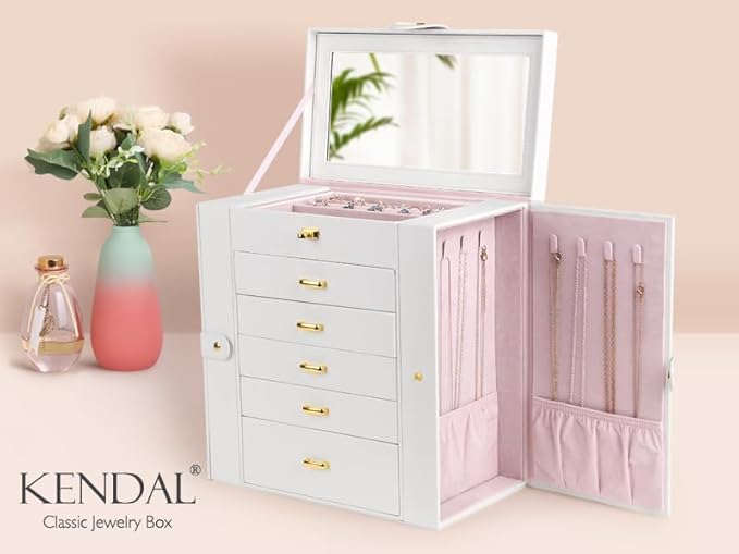 Kendal Extra Large Jewelry Box Jewelry Case PU Leather 6 Tier 5 Drawers Large Storage Capacity with Mirror Jewelry Storage Organizer Great Gift Also Good For Watches LJC-SHD5CM(White)