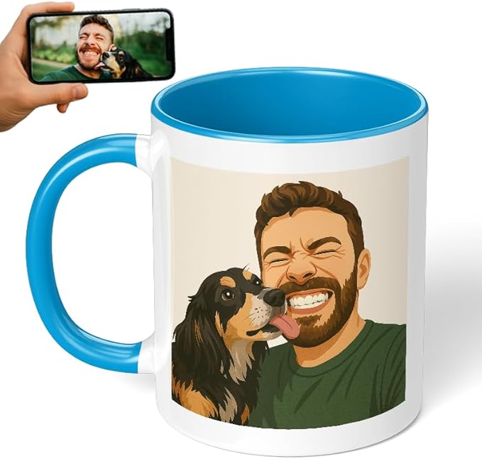 Personalized Coffee Mug, Custom Drawing Portrait Gift, Funny Customized Coffee Gift for Men & Women, Custom Mugs with Pictures, Light Blue 11oz Father's Day Mug