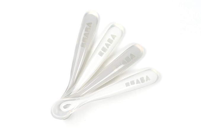 BEABA First Stage Baby Feeding Spoon Set, THE ORIGINAL Soft Tip Silicone Spoons for Babies, Gum Friendly BPA Lead Phthalate and Plastic Free, Great Gift Set (4 Pack), Cloud
