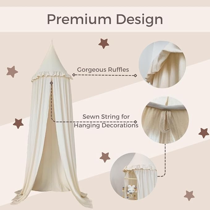 Wonder Space Kids Bed Canopy with Ruffles, Pastel Neutral Color for Boys & Girls, Frilled Cotton Tent Nursery Room Baby Crib Hanging Curtain Mosquito Netting Children Reading Nook Decoration (Ivory)
