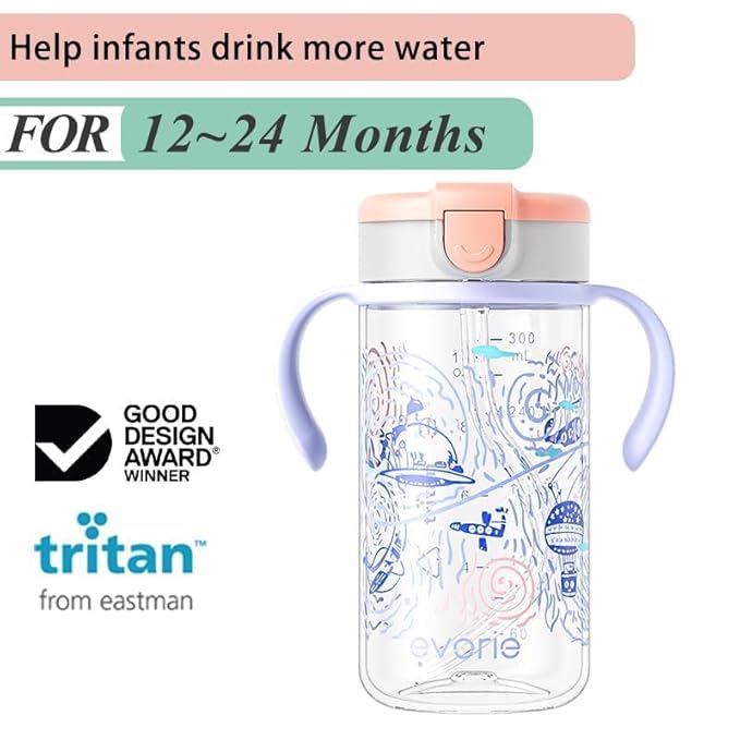 Evorie Tritan Spill Proof Toddler Straw Sippy Cup, 10 oz for Baby and Toddlers 1-3 Years Old, No Spill Straw Water Bottle with Removable Handles, Ideal for School, BPA-Free, Travel in Space