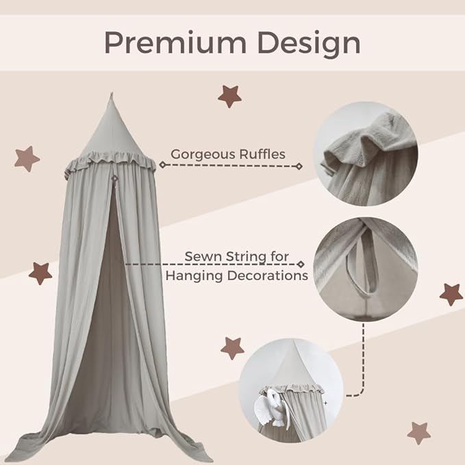 Wonder Space Kids Bed Canopy with Ruffles, Lace Frilled Cotton Tent Net, Pastel Neutral Colors for Boys & Girls, Nursery Room Baby Crib Hanging Curtain Mosquito Net Children Reading Nook Decor (Grey)