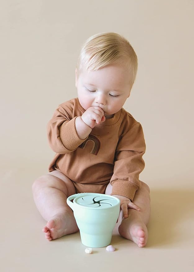 otterlove Collapsable Silicone Snack Container With Attachable Lid | 100% Pure LFGB Platinum Silicone with No Fillers | Snack Cup (2 Pack - Sage & Sand)