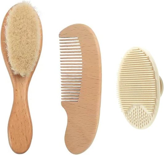 PandaEar 3 Pack Baby Brush and Comb Set Newborn, Silicone Cradle Cap Brush for Babies, Soft Newborn Hair Brush with Soft Goat Bristles, Wooden Toddler Comb Hairbrush Set for Boys and Girls