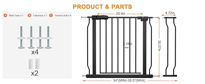 Extra Wide Baby Gate Extra Wide Extra Tall Dog Gates for Stairs Doorways Black Metal Tension Indoor Safety Gates with Pressure Mount 34-38.5 Inch Wide