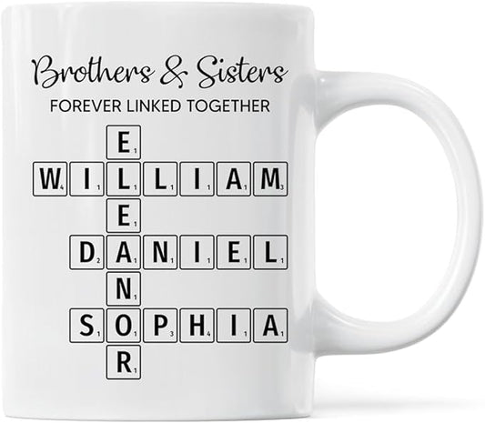 Family Forever Linked Together Custom Names Ceramic Mug, Crossword Puzzle Art, for Birthday, Anniversary or Special Occasions (Brothers & Sisters Forever Linked Together White Mug Ver 1)