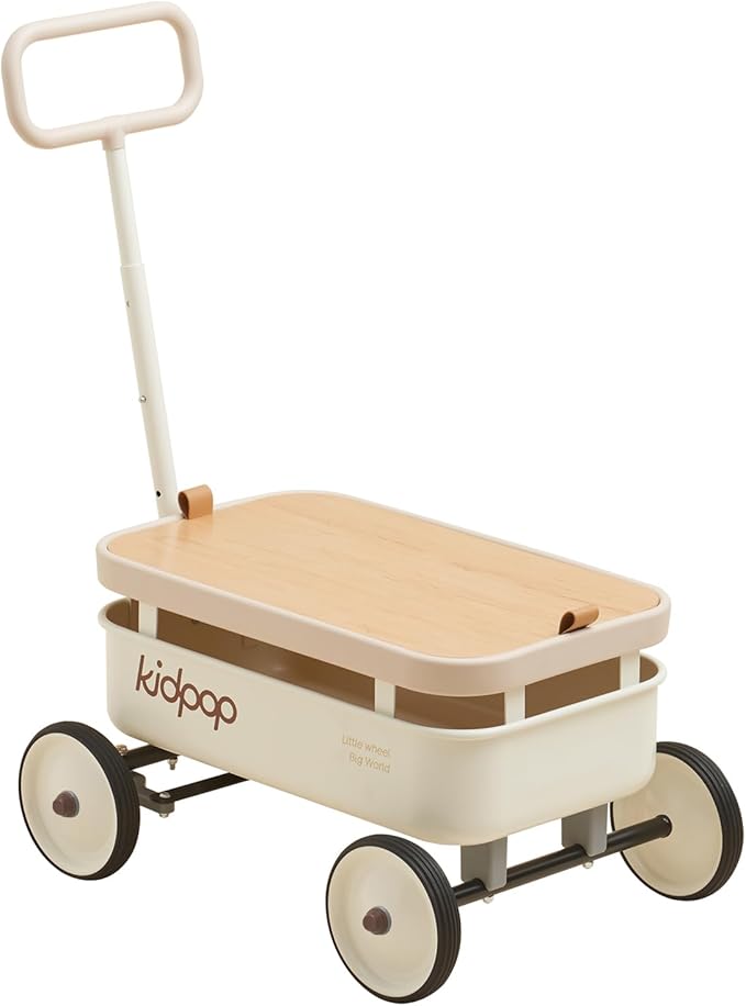 kidpop PULA-Wild 3-in-1 Kids' Pull-Along Wagon Toddlers Push Walker for 2.5-8, Removable Wooden Cover and Adjustable Handlebar, Birthday Gifts Max Weight 33 lbs (White)