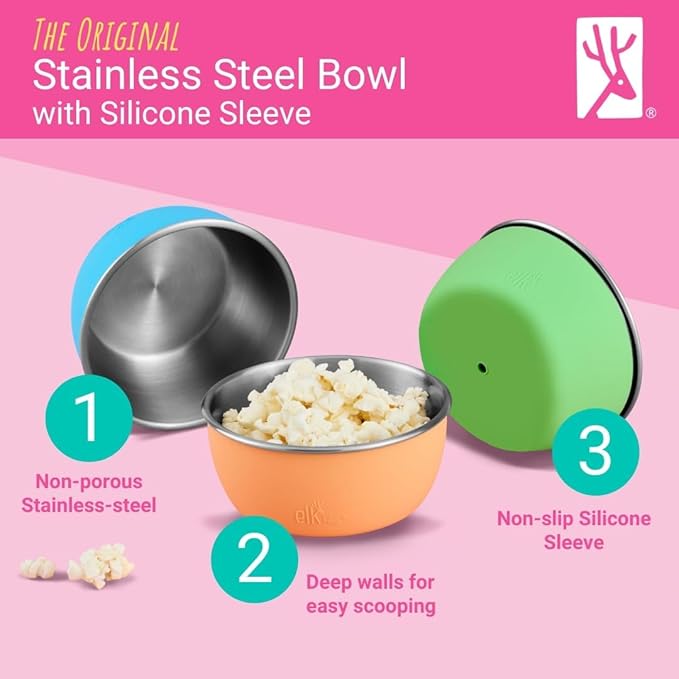 Elk and Friends Stainless Steel Bowls + Silicone Sleeve and Storage Lid | Baby, Toddler, Kids | Cereal & Snack Bowls | Storage Containers | Dishwasher Safe | 4 Pack