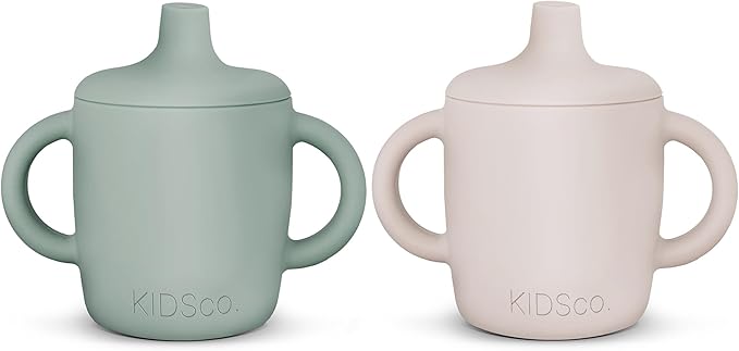 Silicone Sippy Cups with Easy Grip Transition Handles and a Soft Spout. A Non Toxic No Spill Unbreakable Training Cup. 150ml/5oz |2-PACK Green and Sandy Shore|