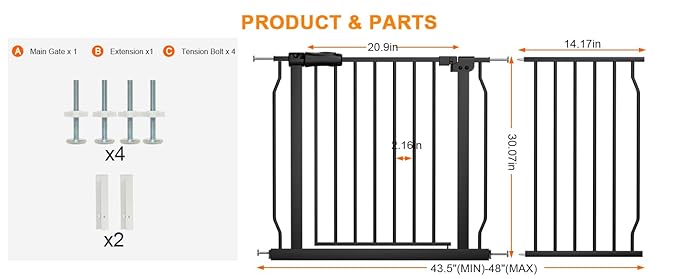 Extra Wide Baby Gate Extra Wide Extra Tall Dog Gates for Stairs Doorways Black Metal Tension Indoor Safety Gates with Pressure Mount 43.5-48 Inch