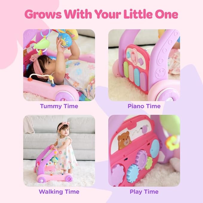 Move2Play, 4-in-1 Baby Play Mat & Activity Center Gym | Walker | Infant Toy for Tummy Time | Birthday Gift for 3, 4, 5, 6, 7, 8, 9, 10, 12 + Month Old Boys & Girls (Pink)