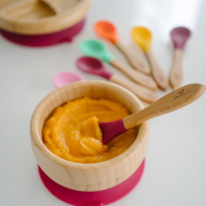 Avanchy Baby Spoons 5 Bamboo and Silicone Set, Self Feeding Food Utensils, 4 Months Baby Led Weaning, 5 Pack W/Pink