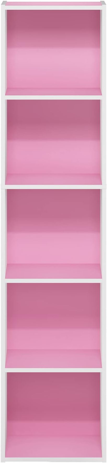 Furinno Luder Bookcase / Book / Storage, 5-Tier Cube, Pink/White