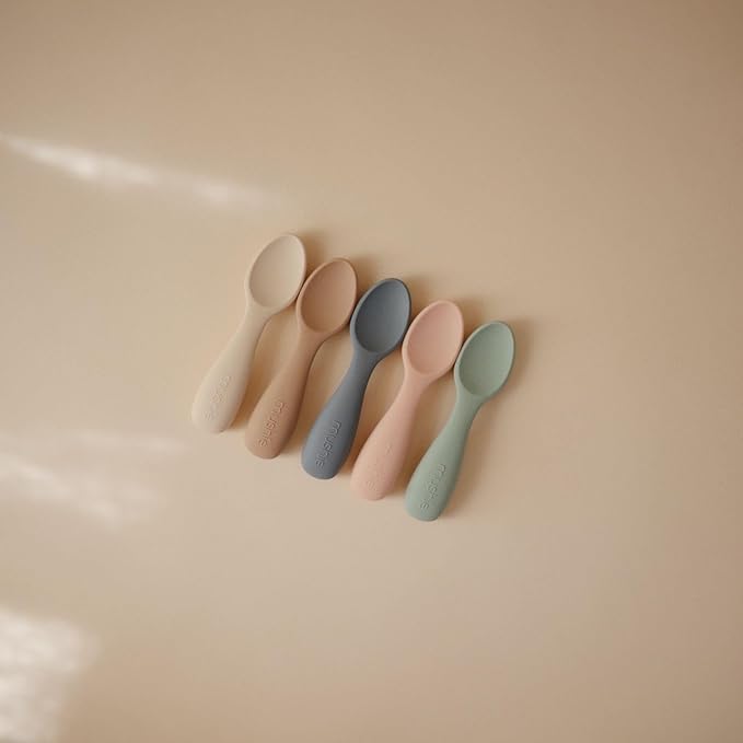 mushie Silicone Toddler Starter Spoons | 2 Pack (Natural/Shifting Sand)