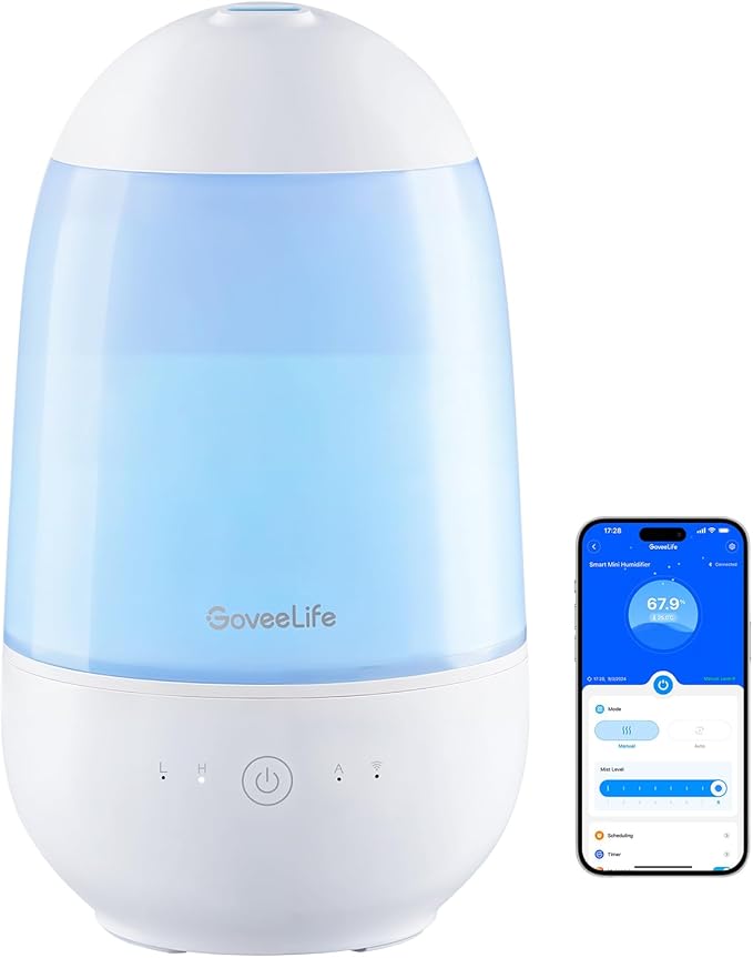 GoveeLife Humidifiers for Bedroom, Smart Cool Mist Air Humidifier for Baby, Nursery, Plants, Easy to Clean & Top Fill Ultrasonic Humidifier with APP & Voice Control, Essential Oil Diffuser, Nightlight