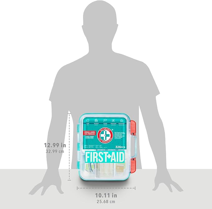Be Smart Get Prepared First Aid Kit, Teal, 326 Piece, Exceeds OSHA and ANSI Guidelines 100 People - Office, Home, Car, School, Emergency, Survival, Camping, Hunting and Sports