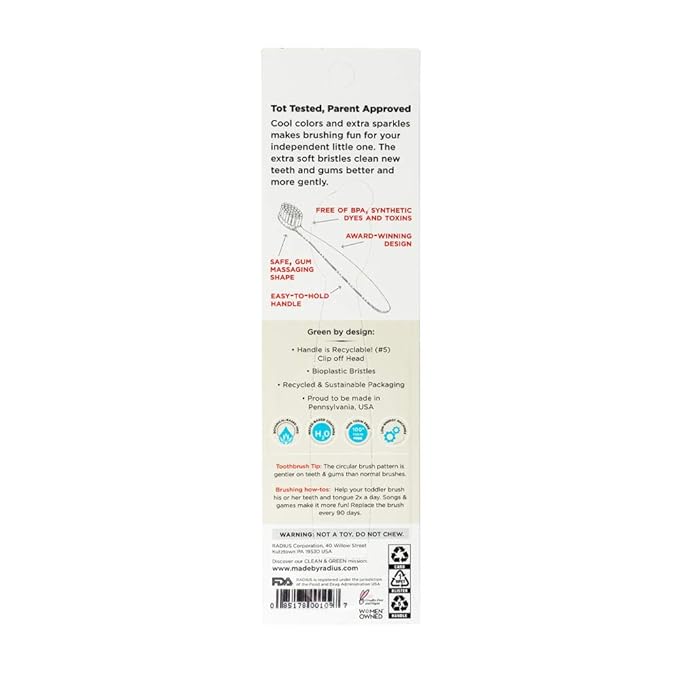 RADIUS Toddler Toothbrush & Toothpaste Bundle for Kids, 2 Pack Totz Plus Silky Soft Brush in White/Coral & Cool Grey/Amethyst Purple and 1 Count Dragon Fruit Toothpaste, for Children 18 Months & Up