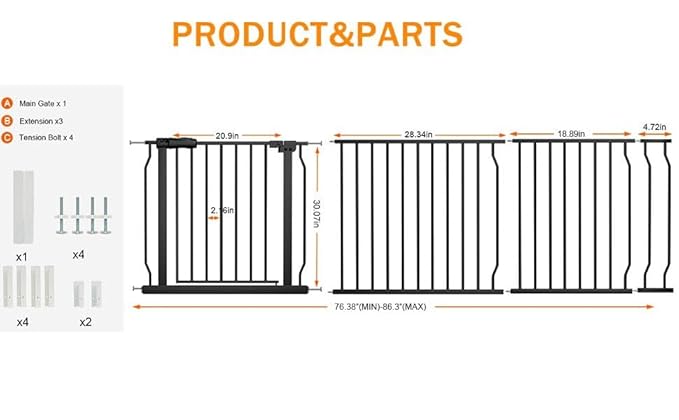 30" Tall Extra Wide Baby Gate for Doorways Stairs Large Long Dog Gates Pressure Mounted Indoor Safety Gates Walk Through Toddler Child Gates for Kids or Pets (Black, 76.38-86.3"/194-219cm)