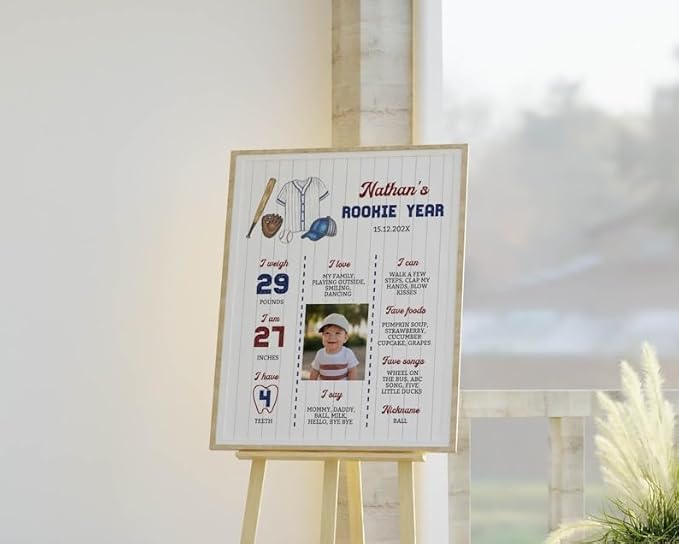 Generic Personalized Baseball Milestone Board, Baseball 1St Birthday Milestone Poster, Sports Birthday Photo Milestone Sign, Design 04