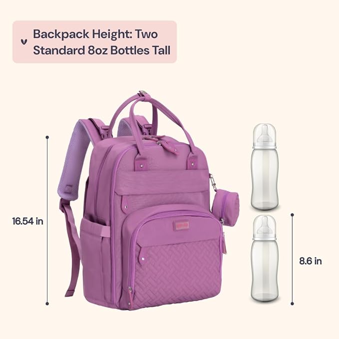 BabbleRoo Diaper Bag Backpack - Baby Essentials Travel Tote - Multi Function Waterproof Diaper Bag, Travel Essentials Baby Bag with Changing Pad, Stroller Straps & Pacifier Case - Unisex, Purple