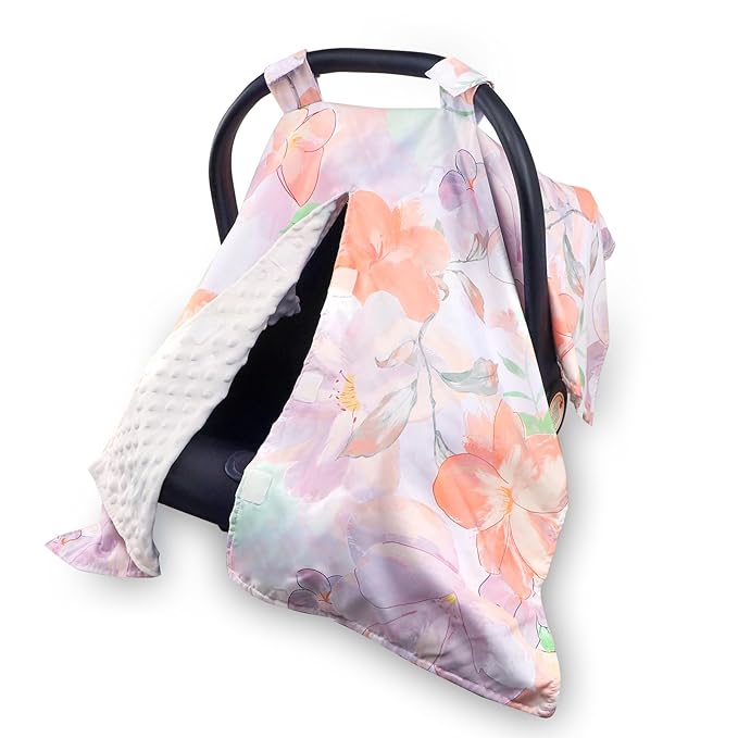 Car Seat Cover Baby, Infant Car Seat Canopy Covers for Newborn Girls Boys, Soft Minky Carseat Covers Stretchy Multi-Use Nursing Cover for Stroller Baby Car Seat, Purple Floral