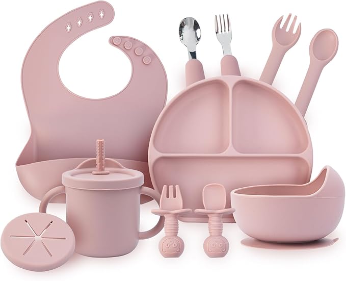 Baby Feeding Set, 13PCS Silicone Baby Self Feeding Set, Toddler Led Weaning Utensils Set with Suction Bowl and Plate, 3 Set of Baby Spoon and Fork, Adjustable Bid, Sippy Cup with Straw and 2 Lids