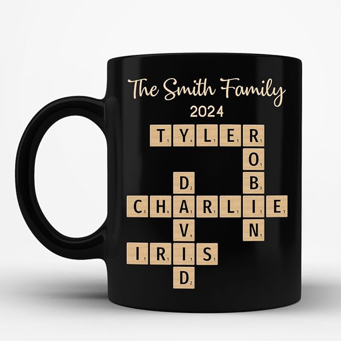 Family Forever Linked Together Custom Names Ceramic Mug, Crossword Puzzle Art, for Birthday, Anniversary or Special Occasions (Family Forever Linked Together Black Mug)