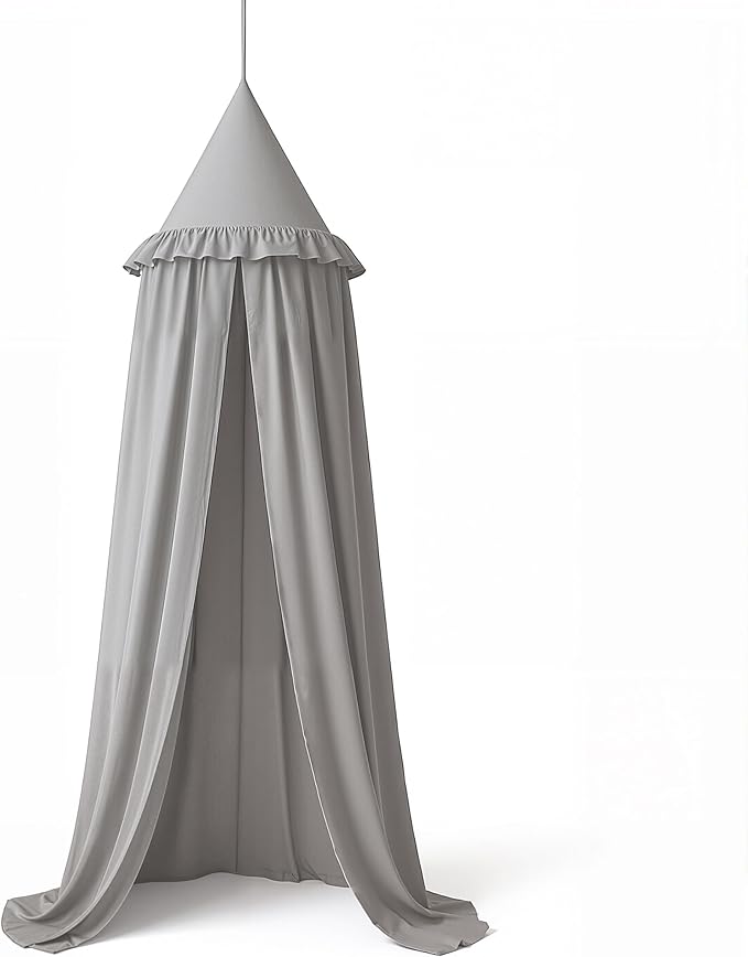 Wonder Space Kids Bed Canopy with Ruffles, Lace Frilled Cotton Tent Net, Pastel Neutral Colors for Boys & Girls, Nursery Room Baby Crib Hanging Curtain Mosquito Net Children Reading Nook Decor (Grey)