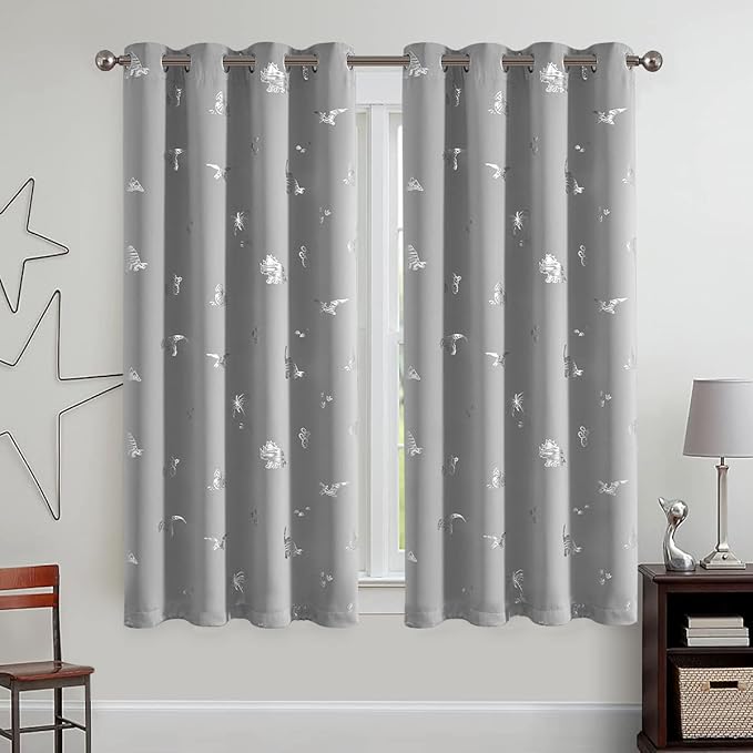 Vangao Grey Blackout Curtains Dinosaur Curtains for Boys Kids Nursery Girls Room Silver Dino Foil Print Thermal Insulated Grommet Top Window Drapes 63 Inches Length 2 Panels