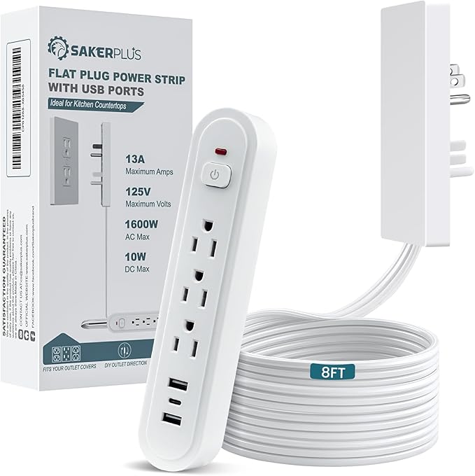 Outlet Concealer Power Strip-Outlet Cover Extender Outlets-8ft Flat Plug Extension Cord,Universal Size,1625W for Kitchen, Home and Office (8ft (Multi Ports,3 AC,2 USB&Type-C))