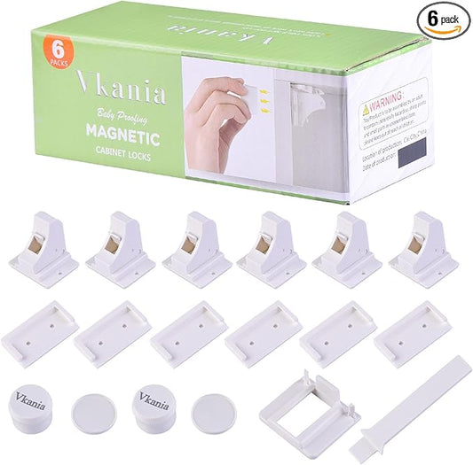 6 Pack Vkania Magnetic Cabinet Locks Baby Proofing - Baby Safety Latches for Drawers and Cabinets - Hidden Adhesive Magnet Baby Locks - Easy Installation No Drilling