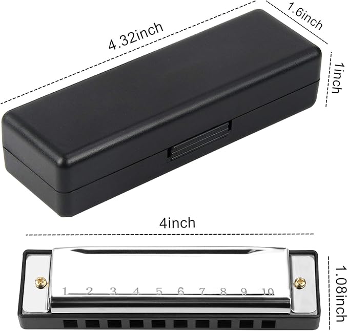 UPINS 4PCS Key of C 10 Hole 10 Tones Titanium Color Harmonica with Case for Beginner(Gold, Silvery, Black, Red)