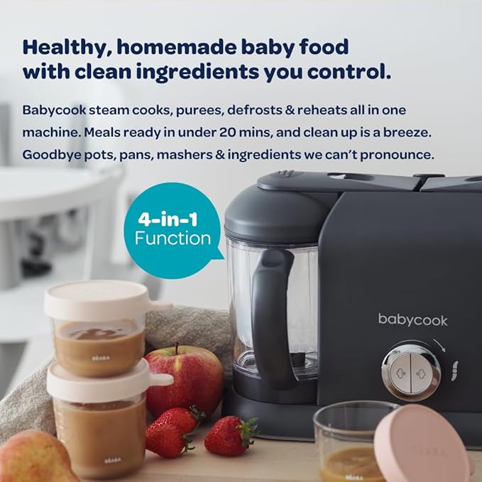 BEABA Babycook Duo 4 in 1 Baby Food Maker, Puree Steamer and Blender for Purees, Grinder with Auto Steam Cooking, Lrg 9.1 Cup Capacity, Makes 54 Servings in 20 Mins, Charcoal