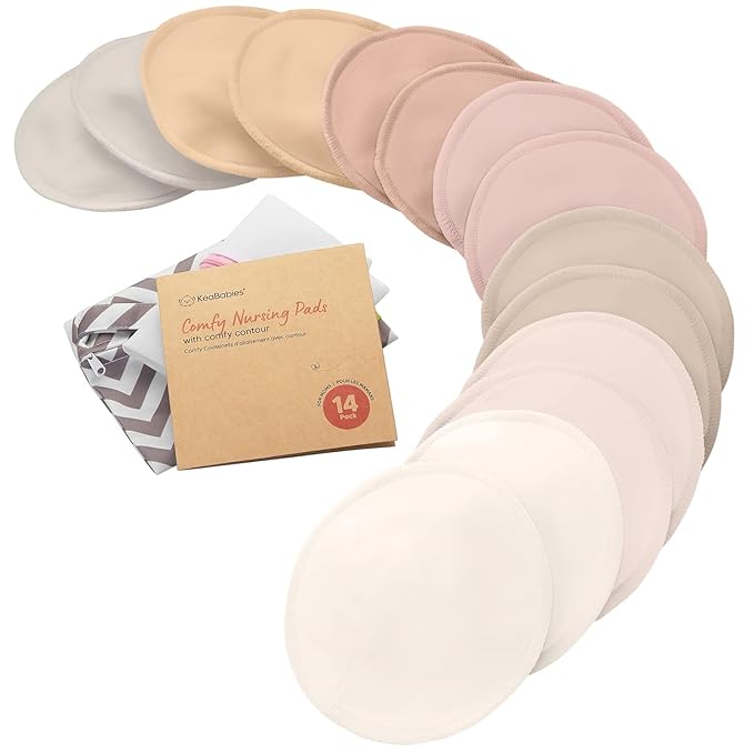 Organic Nursing Pads - 14 Washable Viscose Derived from Bamboo Breastfeeding Pads, Wash Bag, Reusable Breast Pads for Breastfeeding, Nipple Pads for Breastfeeding Essentials(Neutrals, M 3.9")