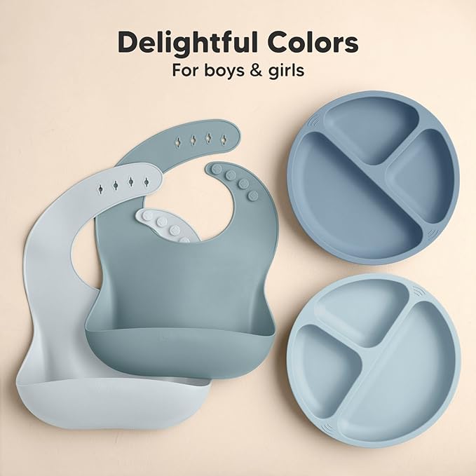 KeaBabies 2-Pack Silicone Baby Bibs for Eating - Sturdy Food-Grade Silicone Bibs for Babies Girl, Boy, Large Food Catcher, Clean & Put On Easily, Waterproof Toddler Feeding Essentials (Alps)