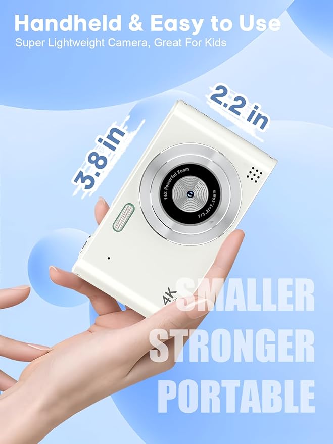 Digital Camera, 44MP Full HD 1080P Point and Shoot Camera with 64GB Card, Anti Shake 16X Zoom Compact Volg Cameras, Portable Small Camara Gift for Kids, Ages Teen Girl Boy - White