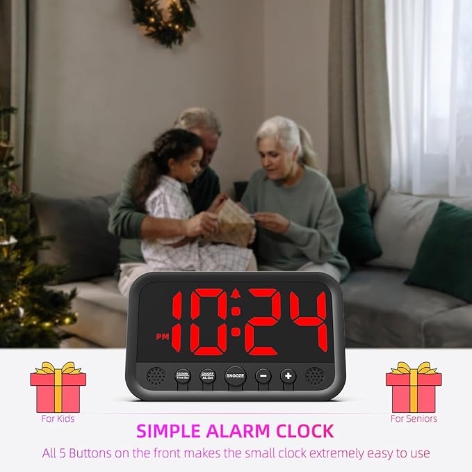 Small LED Digital Clock for Bedroom, Loud Alarm Clock for Heavy Sleepers Adults, Teens | Plug-In Electric Desk Clock | Simple Bedside Nightstand Clock with Adjustable Volume/Brightness/Snooze – Red
