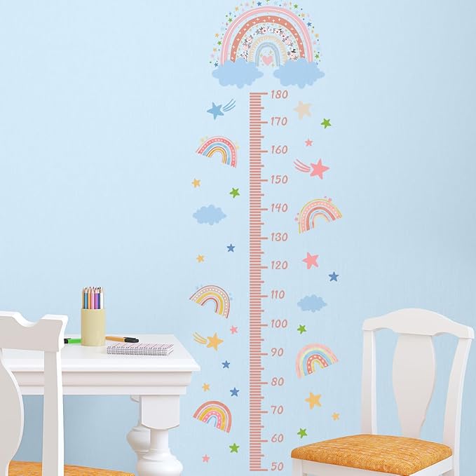 3D Cartoon Height Growth Chart for Kids - Removable DIY Pink Rainbow Wall Decal Peel and Stick Stars and White Clouds Wall Art Decor for Kids Nursery, Bedroom, Bathroom