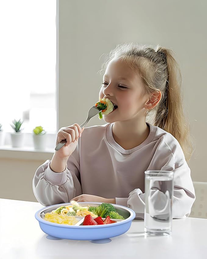 Stainless Steel Toddler Suction Plate with Lid, Deeper 9" Divided Plates with Removable Silicone Sleeves for Kids, Non Toxic & BPA Free | Unbreakable Baby Snack Dishes Set of 2, Blue & Gray