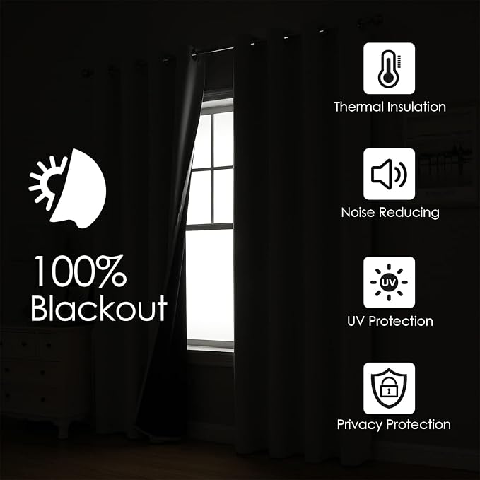 ChrisDowa 100% Blackout Curtains for Bedroom with Black Liner, 2 Thick Layers Total Blackout Thermal Insulated Grommet Window Curtains 2 Panels Set (Cappuccino, 52 x 72 Inch)