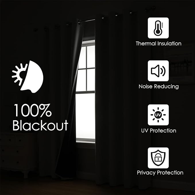 ChrisDowa 100% Blackout Curtains 90 inch Long for Bedroom with Black Liner, 2 Thick Layers Total Blackout Thermal Insulated Grommet Long Window Curtains 2 Panels Set (Burgundy, 52 x 90 Inch)