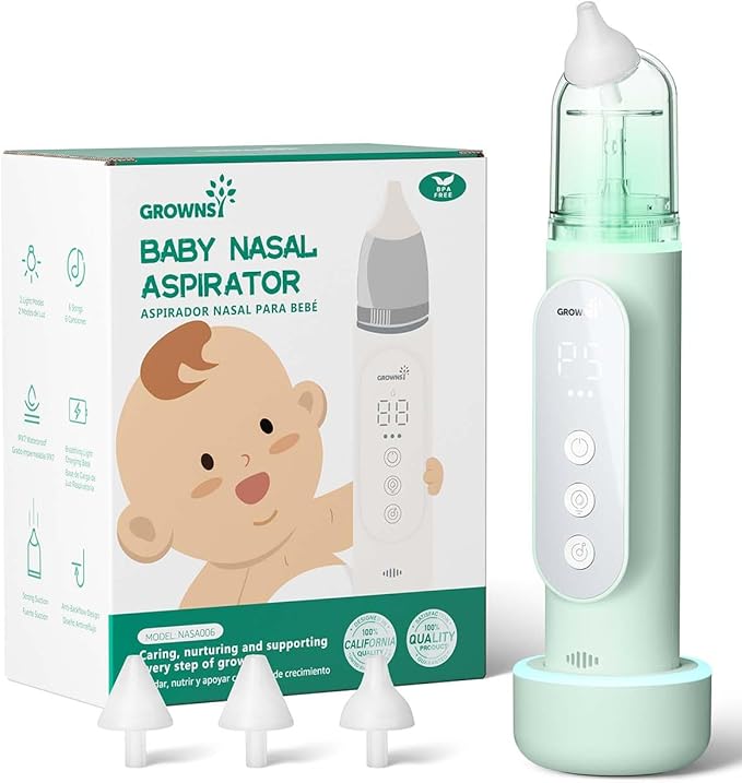GROWNSY Nasal Aspirator for Baby, Upgraded 5 Suction Levels Baby Nose Sucker, IPX7 Waterproof Electric Nose Suction for Baby, Booger Sucker for Toddlers with Music & Light Functions (Green)