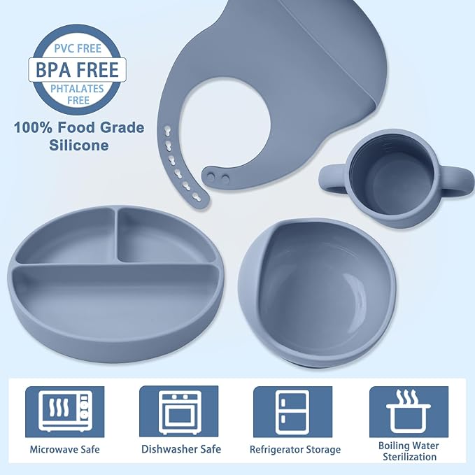 Silicone Baby Feeding Set 14 Pcs,Baby Led Weaning Supplies, Baby Spoons Suction Bowl Divided Plate Bib Cup Finger Brush,First Stage Solid Food Eating Utensils - 6+ Months(Blue Gray)