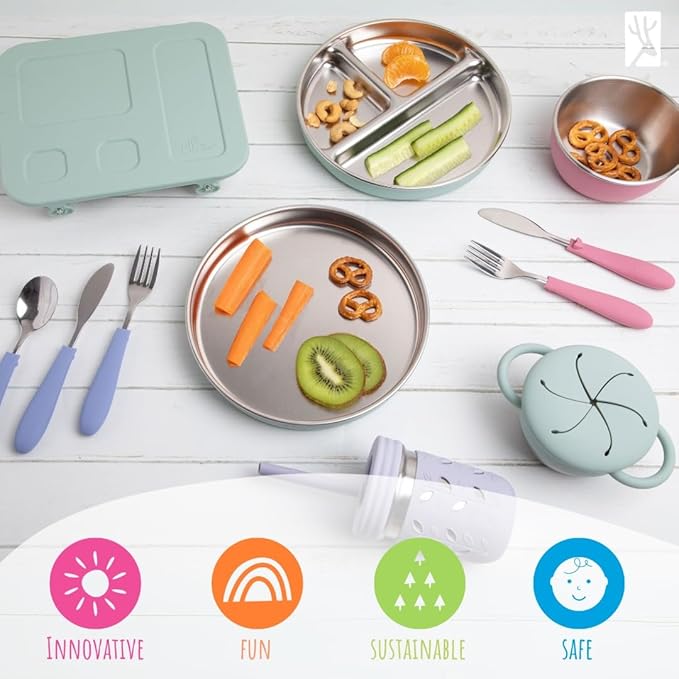 Elk and Friends 7.8” Stainless Steel Non Divided Plates with Silicone Sleeve + Storage Lid | Baby, Toddler, Kids | Dishwasher Safe | Dinner & Snack Plates | 2 Pack